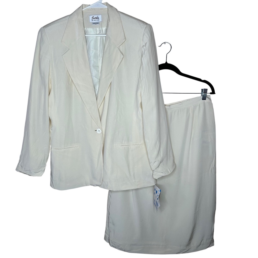 Silks By Joan Leslie‎ NWT VTG Cream  Blazer Skirt Suit Set Size 14 100% Silk